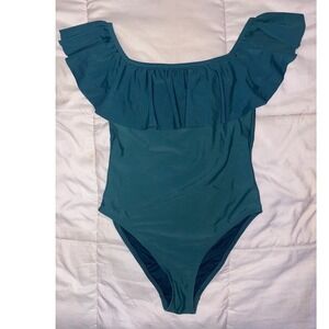 Calar del Sol Womens Teal Off Shoulder Ruffle One Piece Swimsuit Small